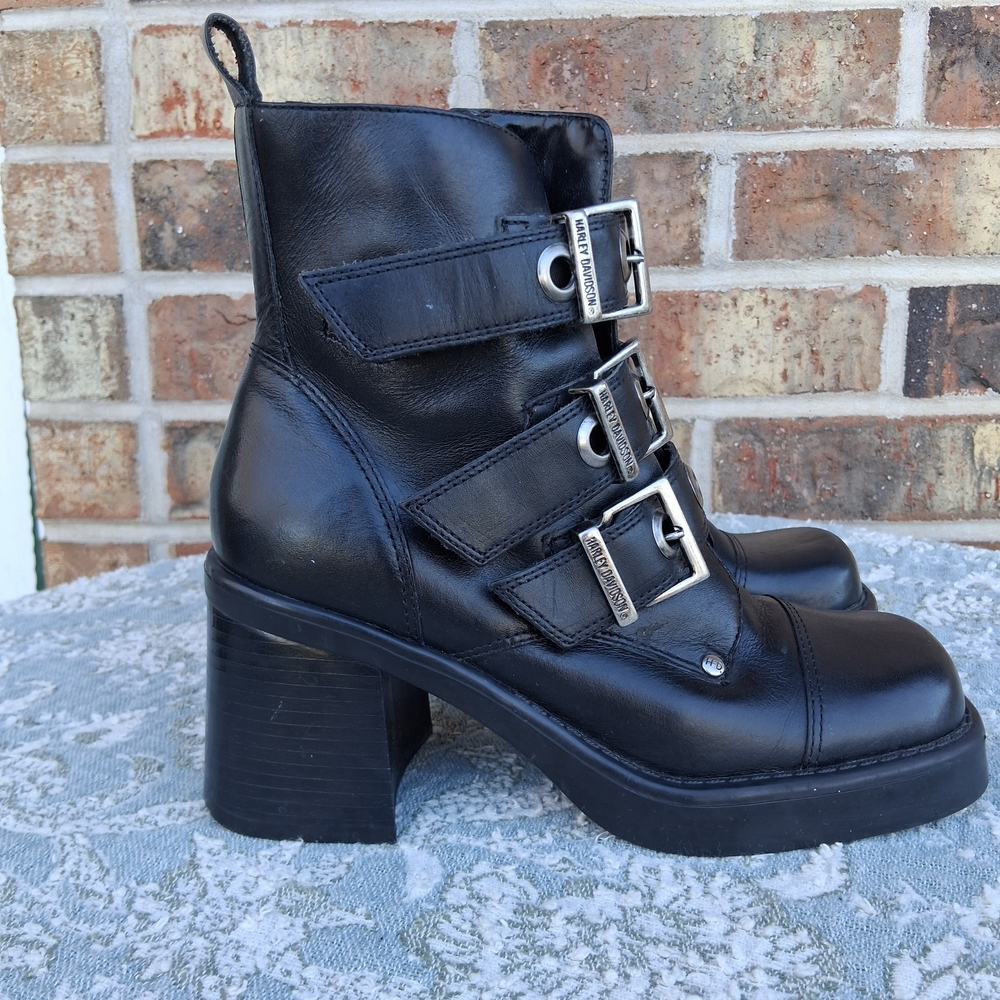 Harley-Davidson Black Leather Moto Combat Boots Sz 5 Biker-Chic Grunge Gothic - Picture 6 of 16